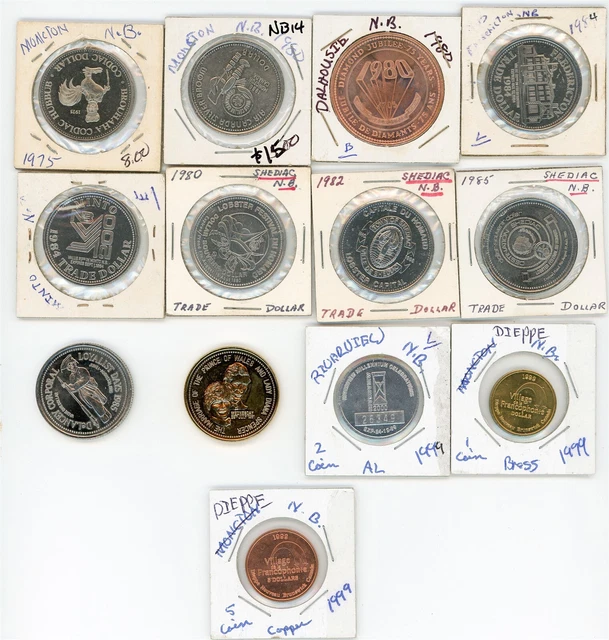 Lot of 13 New Brunswick Canada - Souvenir, Trade & Municipal Tokens - See Photos
