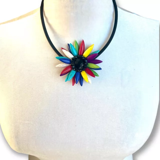 Vintage Stone Rainbow Flower Necklace - Colorful Wired Daisy Pendant Cord Pride