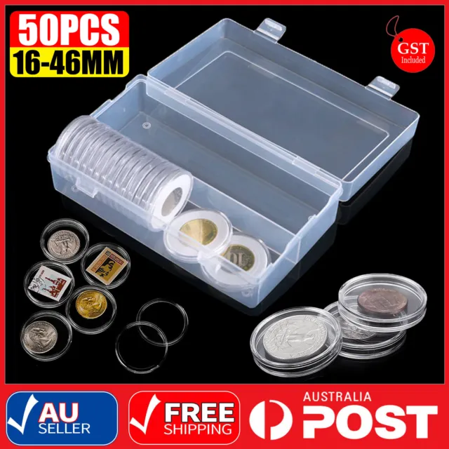 50pcs Coin Storage Box Case Capsules Holder Plastic Clear Round 46mm 1.8inch 2$