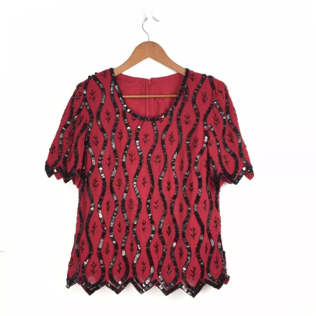 Vintage 1980s Red Black Sequinned Embellished Boxy Top Blouse Size 10 -12 UK