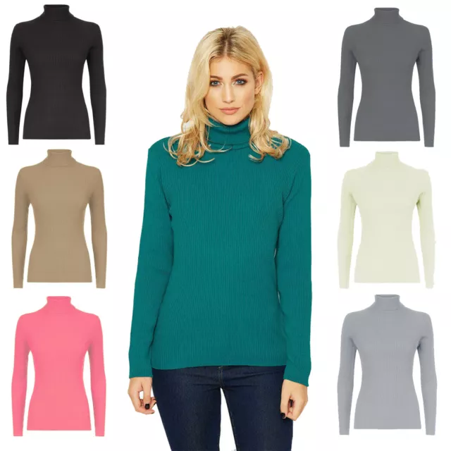 Womens Ladies Skinny Ribbed Polo Turtle High Roll Neck Long Sleeve Top Uk 8-26