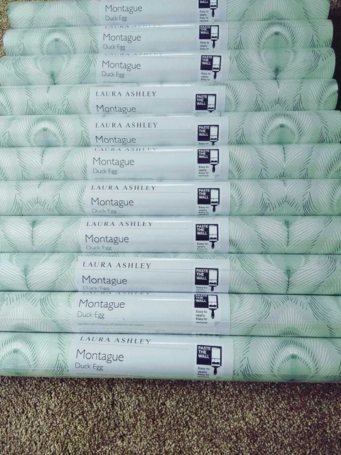 Price per roll Laura Ashley Montague Duck Egg Wallpaper NEW Peacock Feather Blue