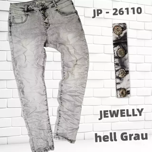 JEWELLY pantaloni jeans donna denim stretch bottoni gioielli grigio chiaro 34 36 38 40 42