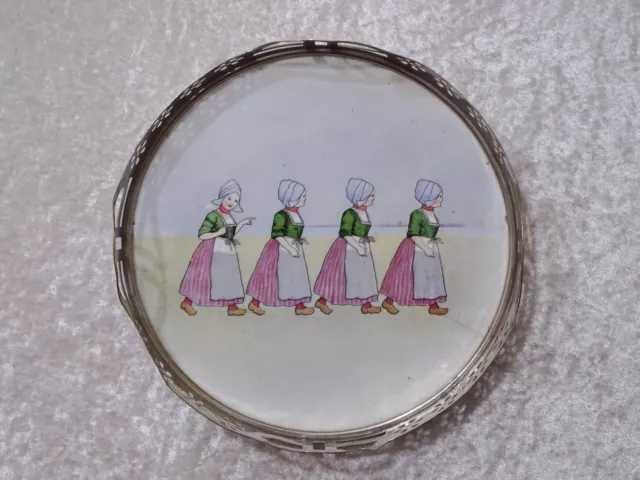 Antique Art Deco Ceramic Tray with Metal Frame Vintage circa 1920 Holland Girls 2