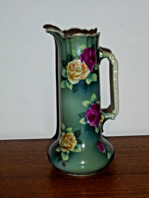 VINTAGE NIPPON 23 cm HOHE GRÜNE HANDBEMALTE FLORAK KRUG VASE