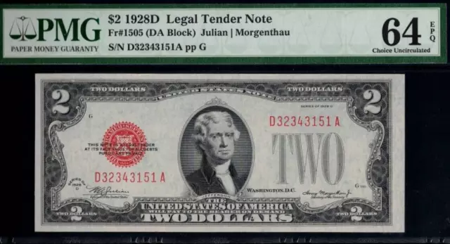 1928D $2 Legal Tender PMG 64EPQ wanted red seal US Note Fr 1505