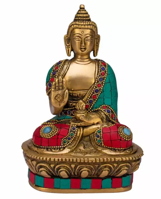 Buddha Statue Blessing Brass with Multicolor Stone Handwork Home Decor Entrance
