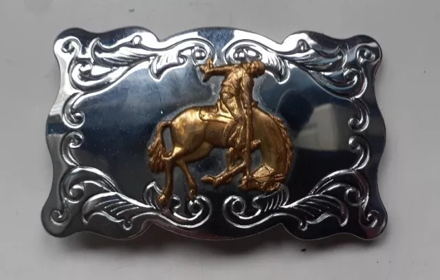 Vintage Belt Buckle , Brass and Chrome, "Rodeo rider" Chambers Belt Co USA Vgc.