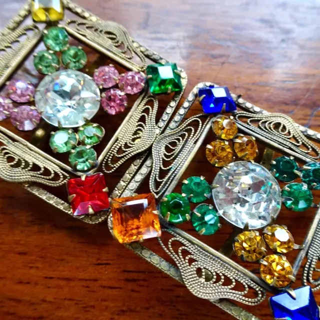 antique art deco Czech multi colour rhinestone dress belt buckle clasp -K39