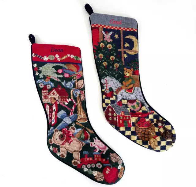 LANDS END (2) Vintage 100% Wool Needlepoint Christmas Stockings - "Dean" "Carol"