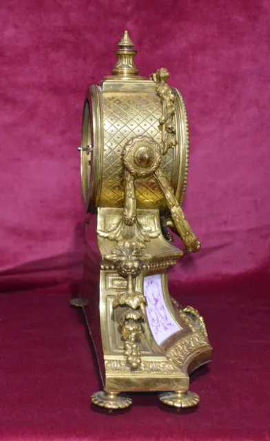 Antique High Quality Gilt Brass & Hand Painted Puce Porcelain Panels Clock Case 3