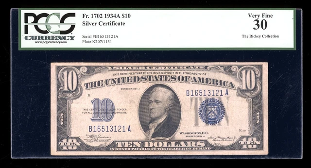 DBR 1934-A $10 Silver Fr. 1702 PCGS 30 Serial B16513121A