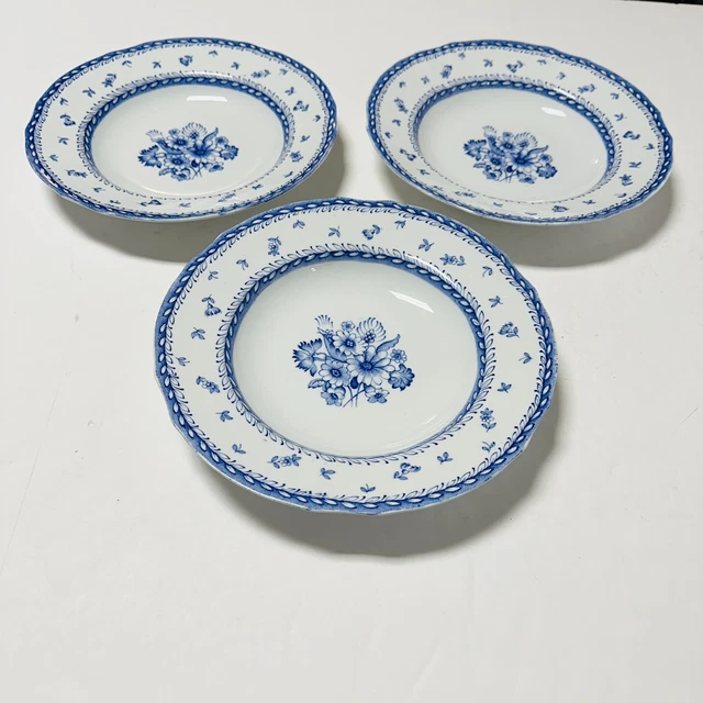 Arabia Suomi Finlandia Set of 3 Soup Pasta Bowls Blue White Floral Flowers 9.25”