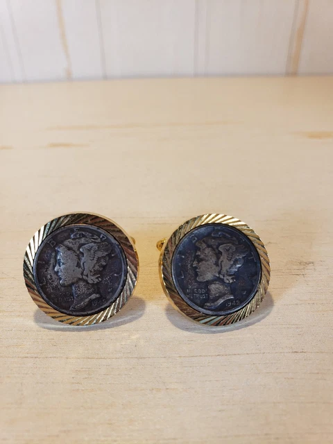 Mercury Dime Cufflinks Gold Tone Textured 1942 and 1945