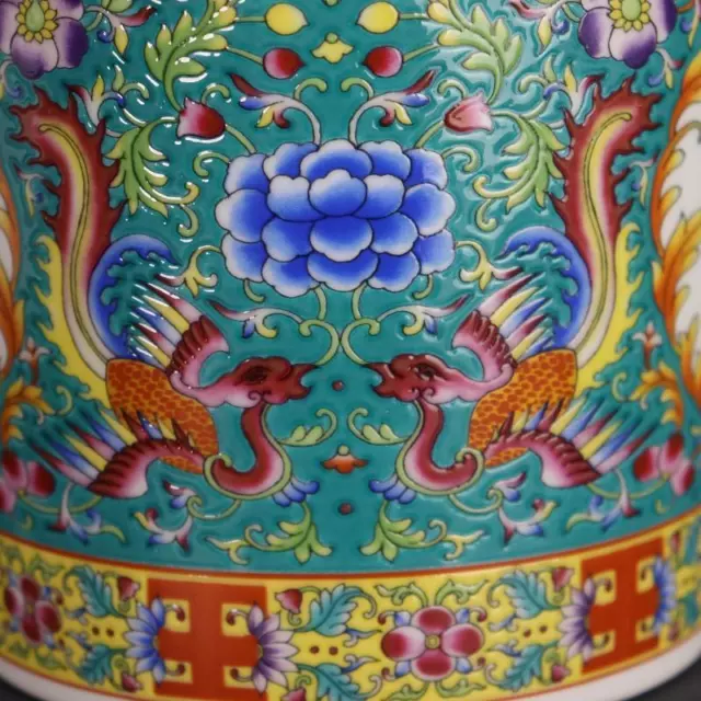 Chinese Green Enamel Porcelain Pot Qing Yongzheng Lotus Phoenix Tea Caddy 6.33" 3