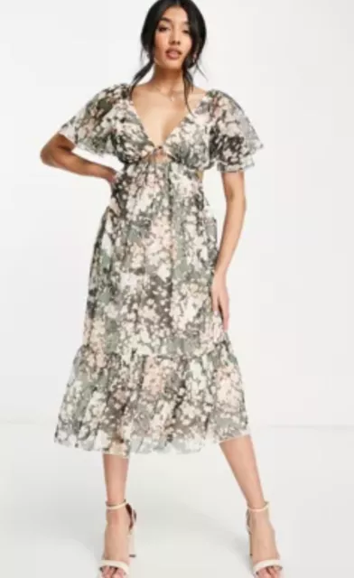 ASOS Design Blurred Floral Midi Dress Tie Front/Back 12