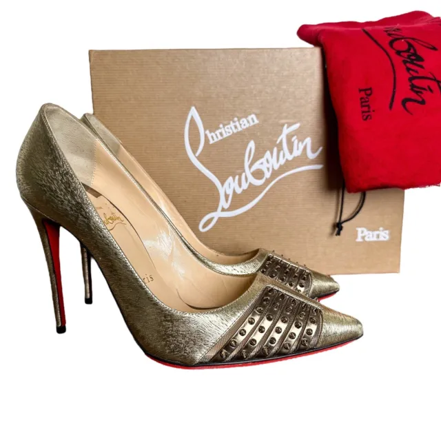 Christian Louboutin Women's Sz 36 US 6 Baretta 100 Gold Studded Leather Heels
