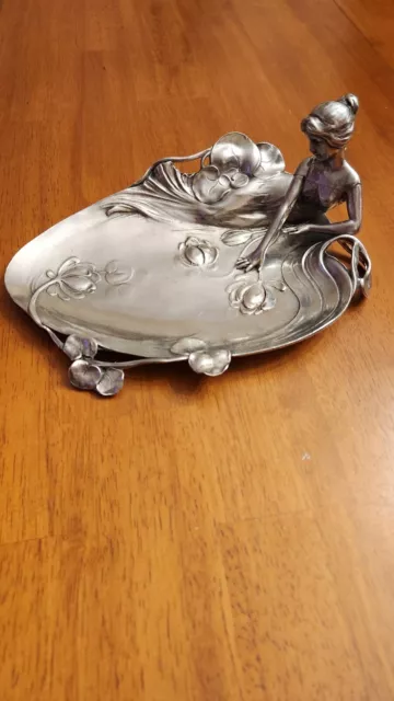 Art Nouveau 95% Pewter Calling Card Lily Pad Tray w/ Lady Figurine card tray c3