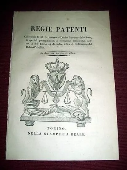 Regno Sardegna Torino Regie Patenti Debito Perpetuo dello Stato 1820