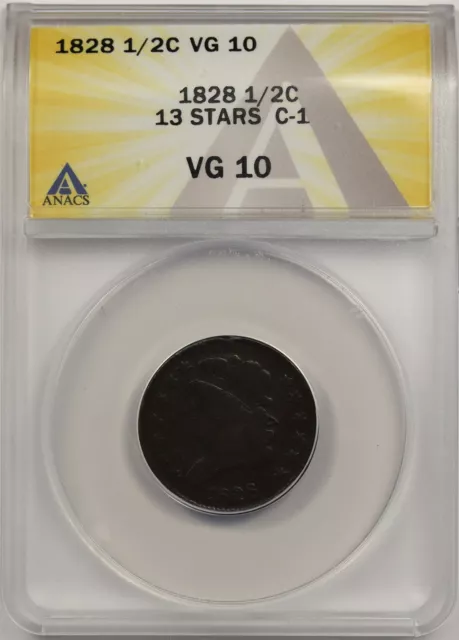 1828 1/2C ANACS VG 10 (13 Stars C-1) Classic Head Half Cent