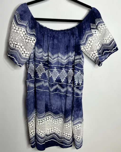 La Blanca Dress Womens L Blue Crochet Lace  Sheer Beach Coverup Bohemian Sexy