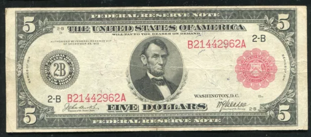 FR. 833b 1914 $5 FIVE DOLLARS LARGE SIZE RARE RED SEAL FRN FEDERAL RESERVE NOTE