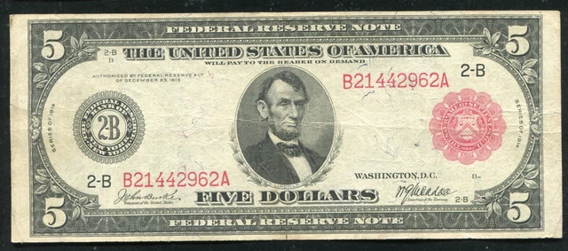 FR. 833b 1914 $5 FIVE DOLLARS LARGE SIZE RARE RED SEAL FRN FEDERAL RESERVE NOTE