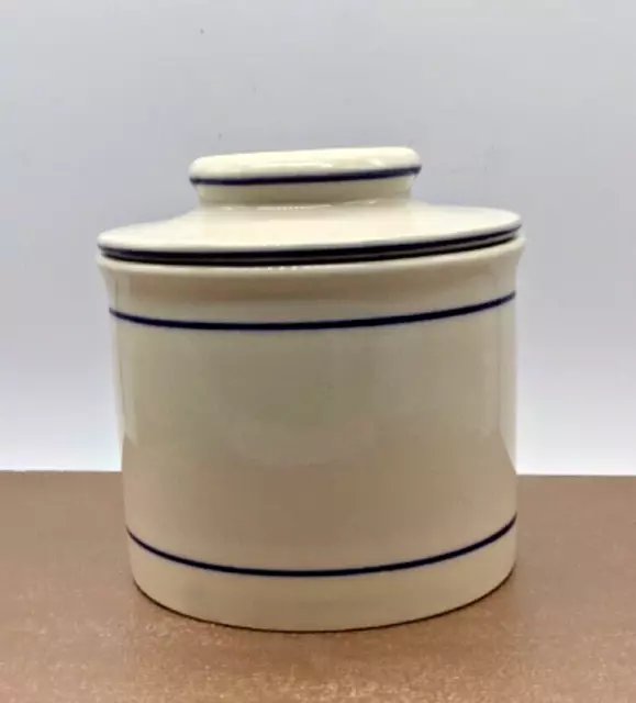 Butter Keeper French Bell Stoneware Dish Crock Storage Norpro blue stripe, 4”