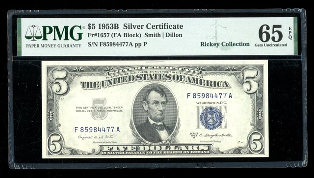 DBR 1953-B $5 Silver Gem Fr. 1657 FA Block PMG 65 EPQ Serial F85984477A