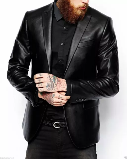 Mens Black Blazer Real Genuine Leather Coat Jacket Classic Stylish Soft Leather