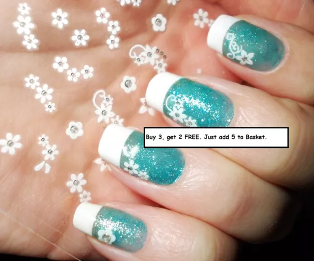 Manicura Lace pegatinas adhesivos Transfers Blanco Plateado Flores Floral Boda