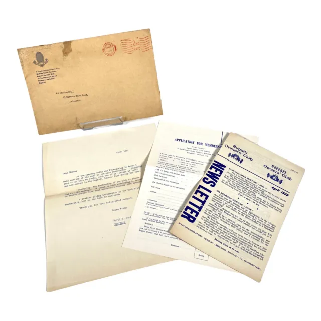 Lettera di iscrizione ufficiale Bugatti Owners Club / newsletter / modulo di domanda