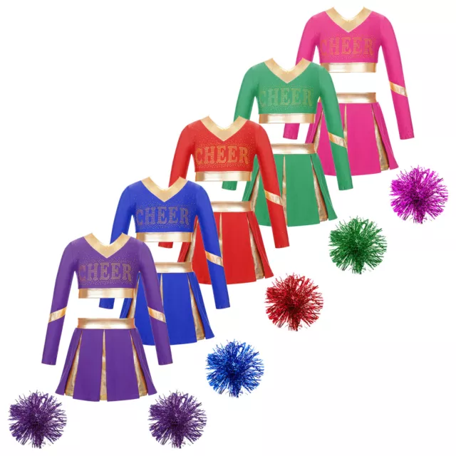 Kids Girls Skirt Cheer Leader Dancewear Long Sleeve Crop Top Pleated Outfits