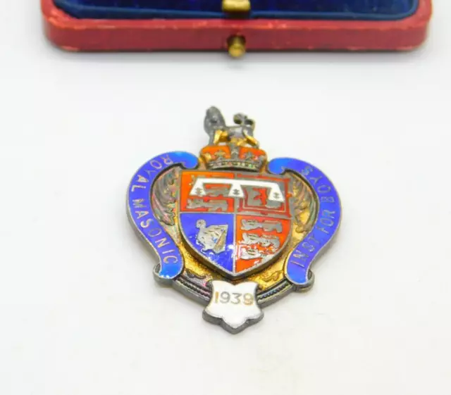 Sterling Silver Colourful Enamel Masonic Watch Fob Lion Top Antique 1938 London