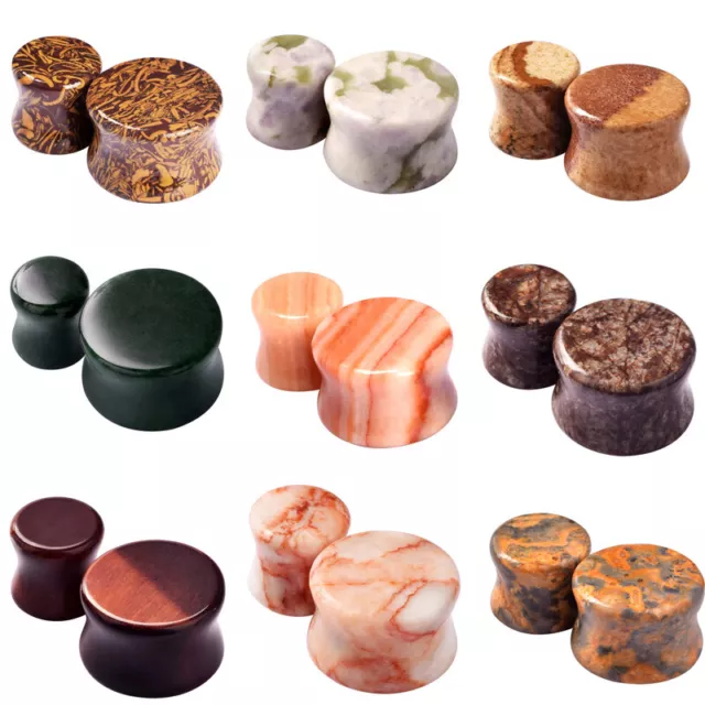 2Pcs Natural Stone Ear Tunnel Plugs Double Flare Saddle Piercing Jewelry 2g-5/8"
