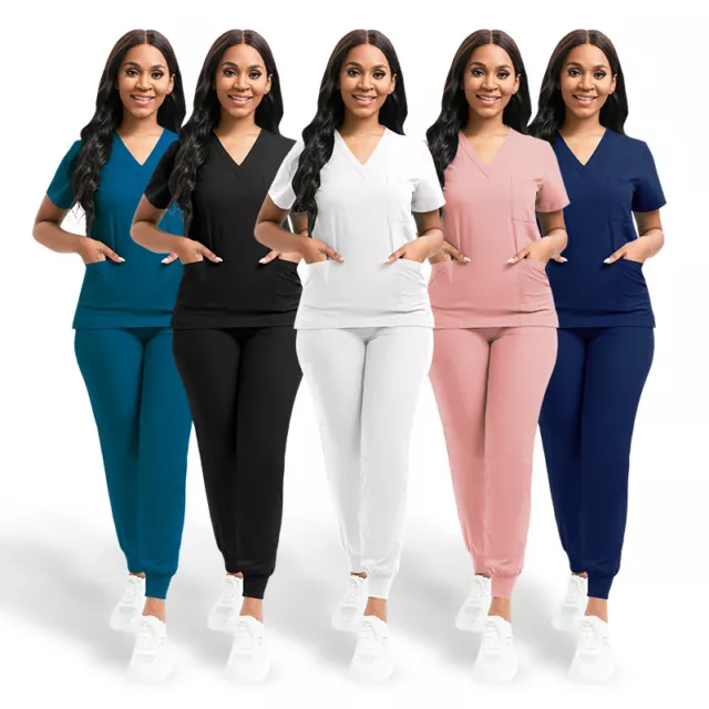 Stretch Medical Nurse Uniform Women Scrub Set V-Neck 3-Pocket-Top Jogger Pants