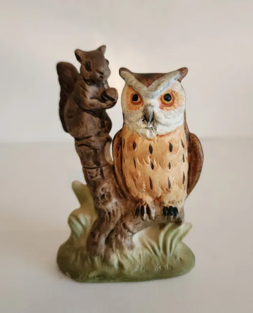 Vintage Ceramic Owl Squirrel Figurine Hand Painted RB Japan