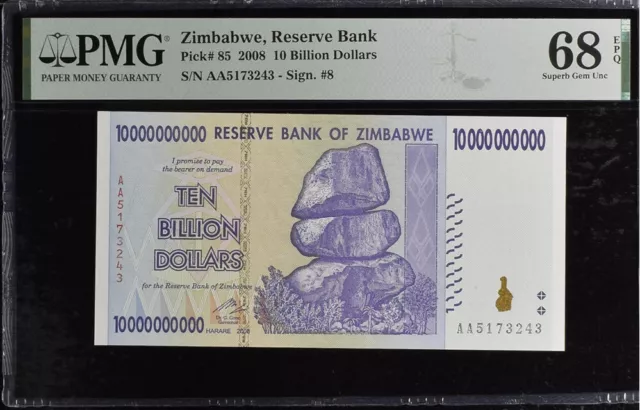 Zimbabwe 10 Billion Dollars 2008 P 85 Superb Gem UNC PMG 68 EPQ