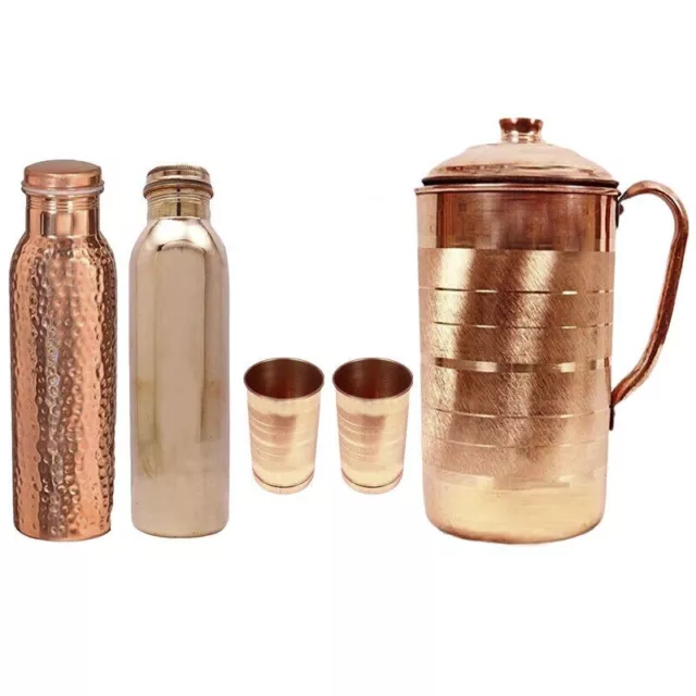 Copper Jug Pitcher Tumbler Glass With Bottle Set Handmade For Ayurveda Benefits