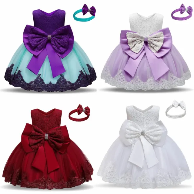 Girls Princess Bridesmaid Dress Baby Kids Party Lace Flowers Bow Wedding Dresses