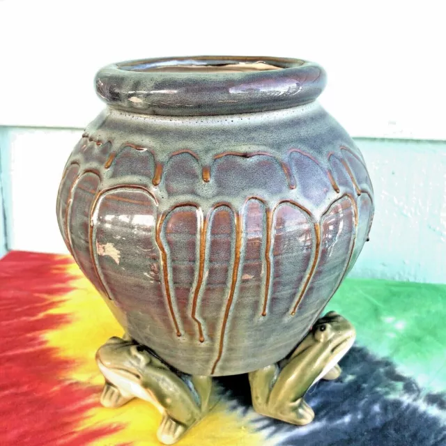 MCM Frog Vase Art Pottery Majolica PLANTER drip glaze heavy 8" footed glazed