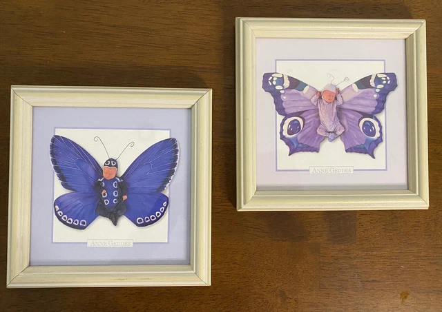 Vintage ANNE GEDDES butterfly babies Framed Art Baby Nursery 1999 Set of 2 7x7
