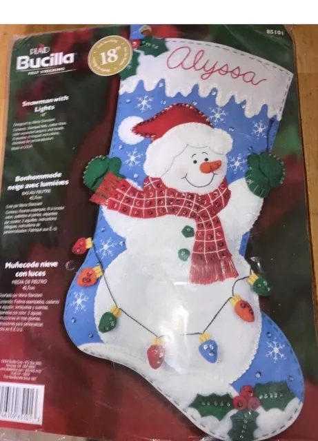 Bucilla Christmas STOCKING Kit SNOWMAN With Lights Felt Applique New 18" Long