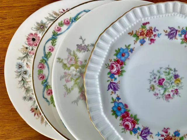 Vtg Mismatched China Bread, Cake or Dessert Plates ~ Set of 4 ~Pink, Blue, Green