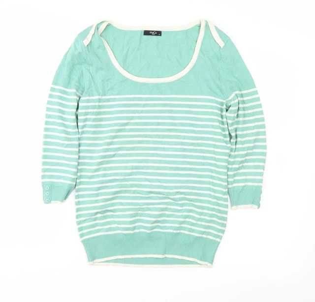 M&Co Womens Green Scoop Neck Striped Viscose Pullover Jumper Size 12