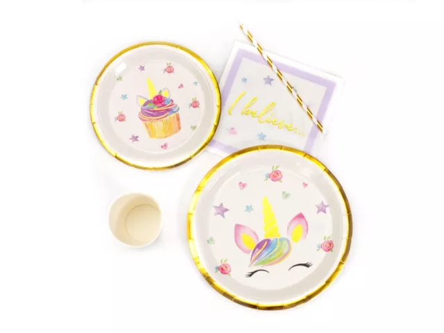 Juego de vajilla de fiesta con cupcake unicornio - platos, tazas - desechable - fiesta de cumpleaños