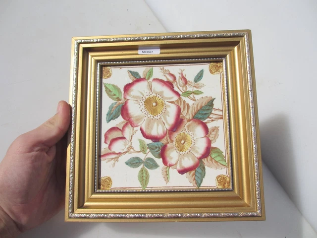 Vintage Ceramic Tile Art Nouveau Floral Flowers Roses Leaf Gilt Frame 2
