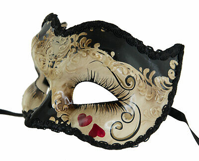 Mask from Venice Brighella Black Small Heart Painted Handmade Carnival 22504 2