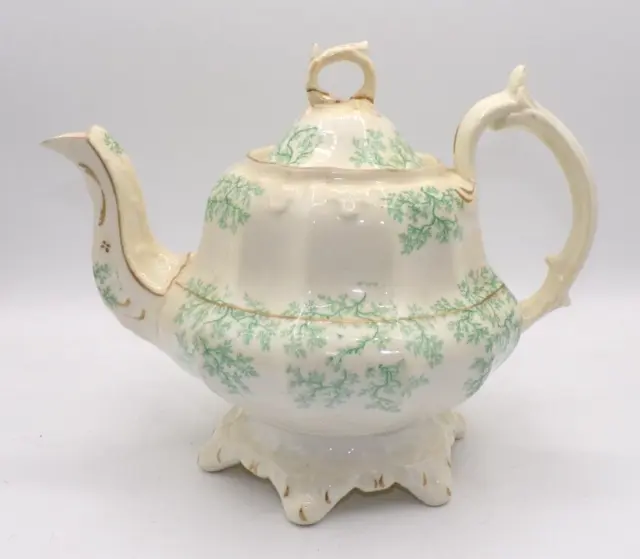 Large Antique C19th Green Seaweed Pattern Tea Pot Teapot Rockingham Coalport