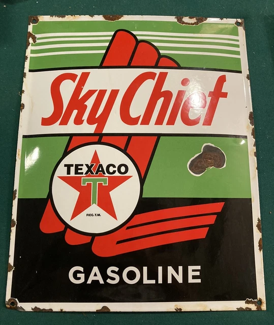 SKY CHIEF TEXACO Gasoline Porcelain Gas Pump Sign Plate Vintage Brand Oil 16 x13
